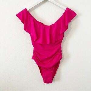 NEW La Blanca Ginger Off the Shoulder One-Piece Swimsuit Pink Ruffle Size US 4